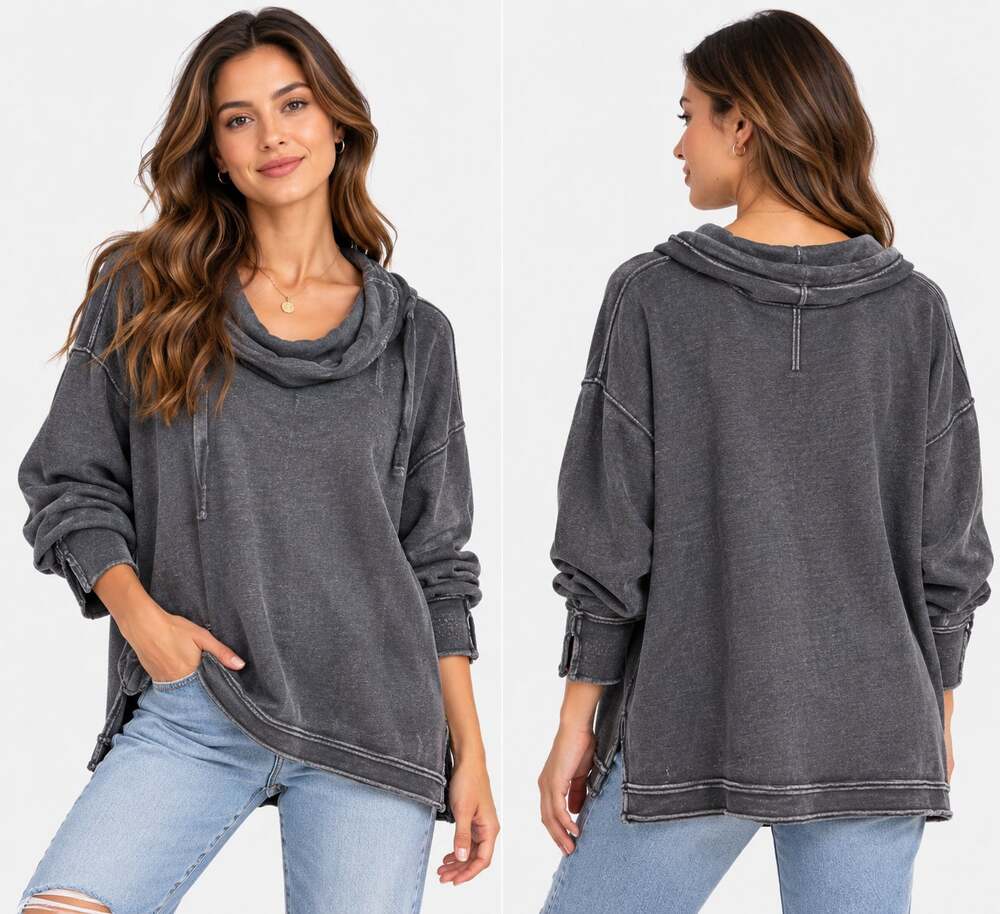 Free People Womens S Dark Gray Long Sleeve Oversized Sweatshirt Athletic Top